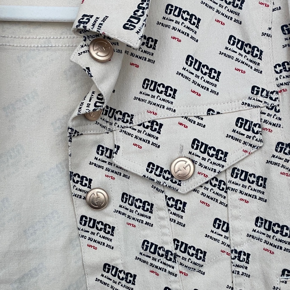 Gucci Beige Logo-Print Denim Jacket with Gold Buttons - Picture 5 of 6